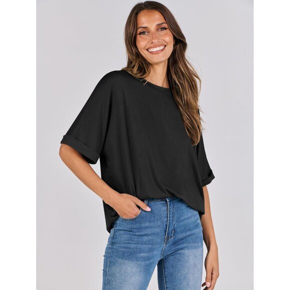 💫 Women Casual Loose Basic Tee Shirt Black Short Sleeve Trendy Fashion Tops - Picture 8 of 8